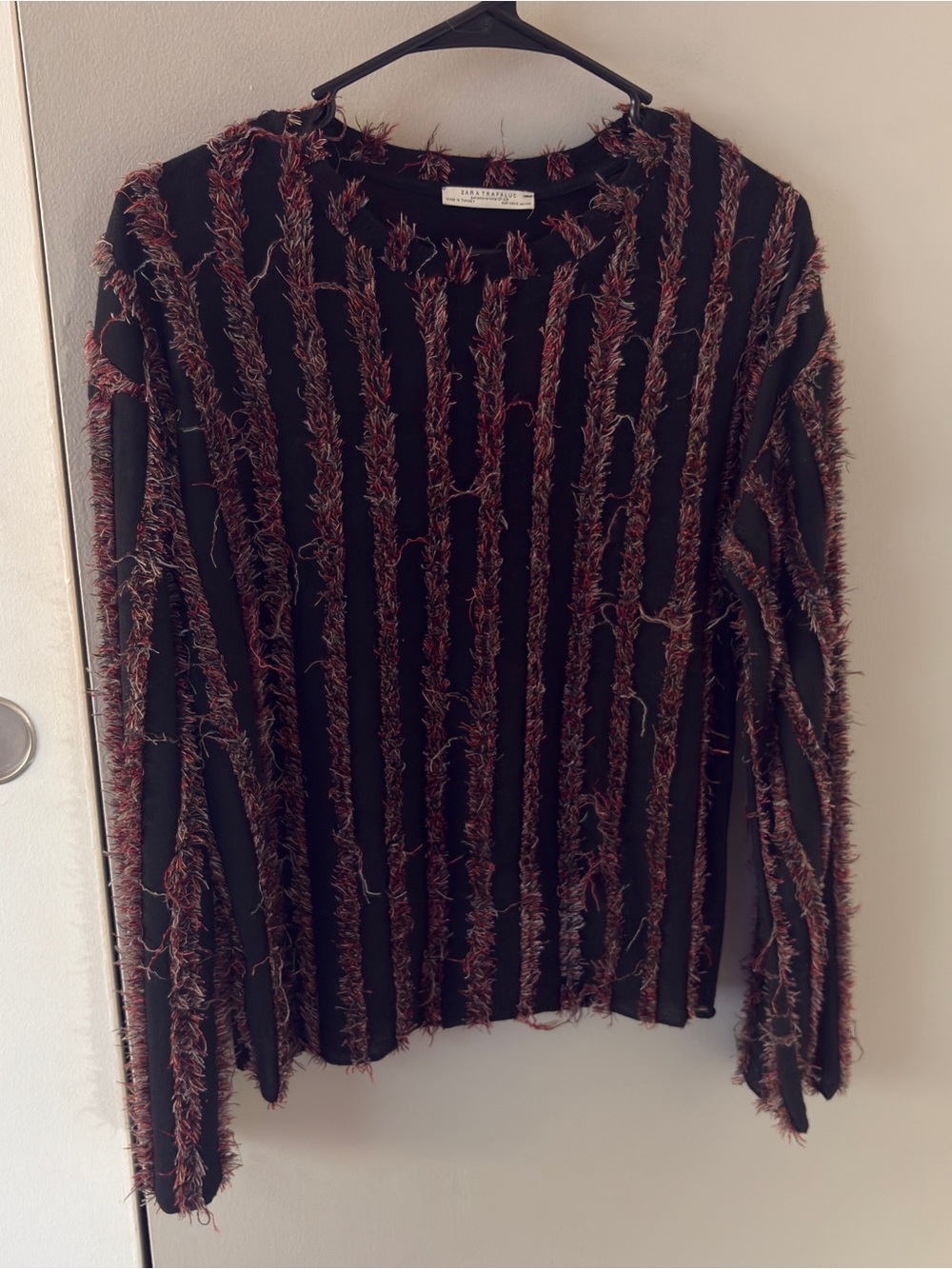 Vintage Zara Black Long Sleeve Top with Fringe Stripes Size Women’s Small